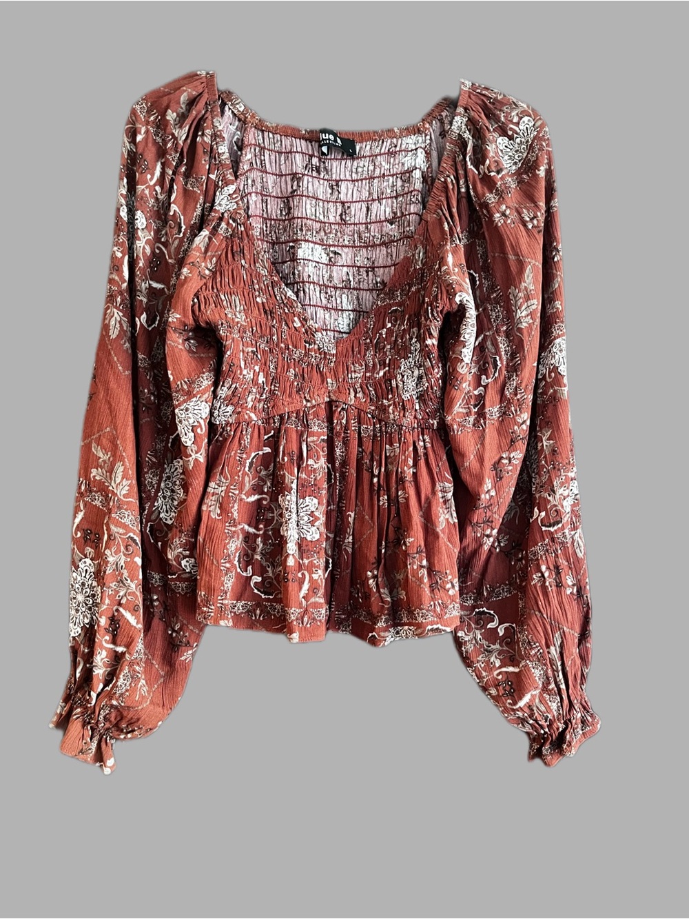 Boho Smocked Balloon Sleeve Rust Floral Peasant Top Size Large EarthTone Western